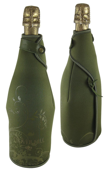 A drink bottle holder in olive green, designed for a champagne bottle with a textured surface and a logo.