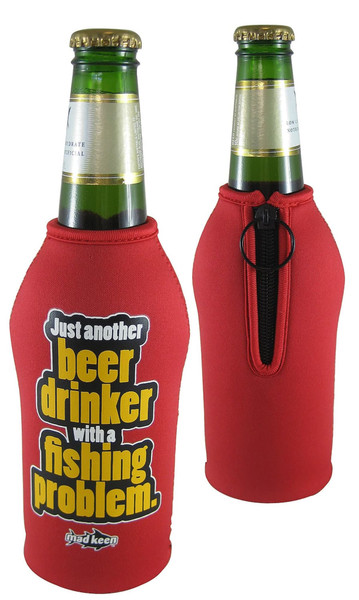 A drink bottle koozie in vibrant red with a zip feature and a logo, designed to fit standard beverage bottles.
