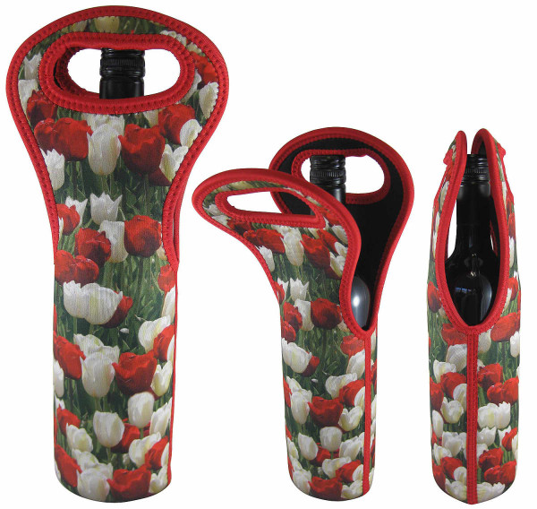 A single wine bag featuring a floral design with red and white tulips, equipped with a handle and a logo.