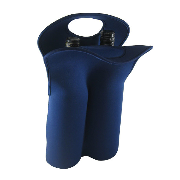 A double wine bag in navy blue, designed to hold two bottles, featuring a handle and a plain logo.