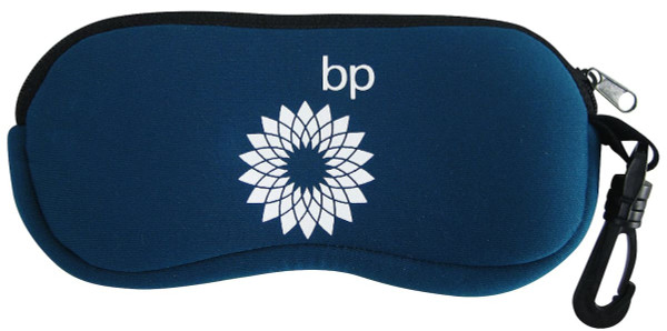 A navy blue sunglass case with a floral logo and a black zipper, featuring a clip attachment.