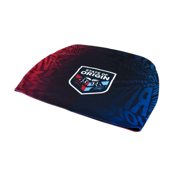A medium stadium seat cover in red and blue with a logo and patterned design.