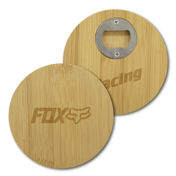 A round bamboo coaster featuring a bottle opener on one side and a logo on the other side.
