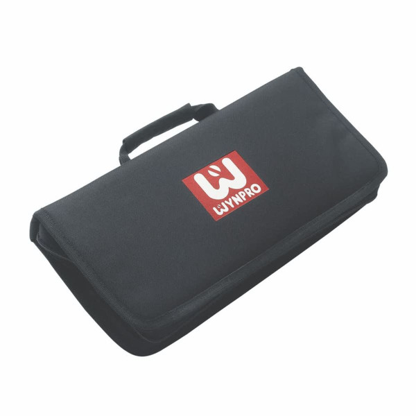 A black BBQ apron set case with a handle, featuring a logo on the front.