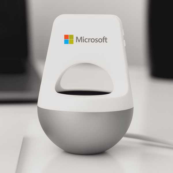 A silver and white wireless speaker with a rounded base and a logo on the front.