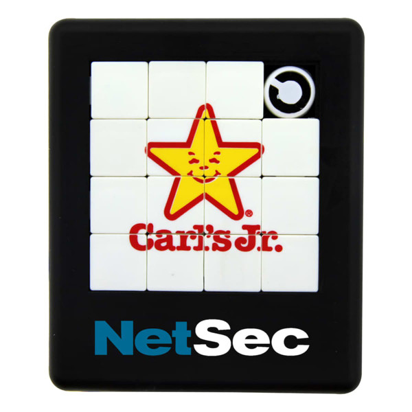 A classic puzzle game featuring a black frame, white tiles, and a logo in red and yellow. It has a branding detail.