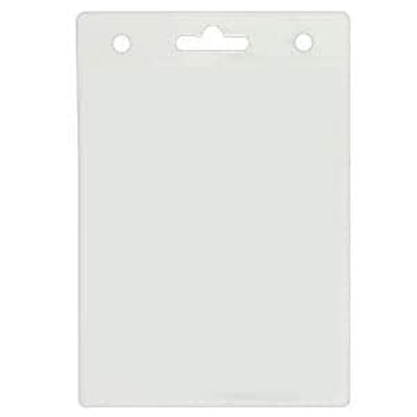 A clear plastic badge holder measuring 110mm W x 160mm H with a slot for attachment at the top.