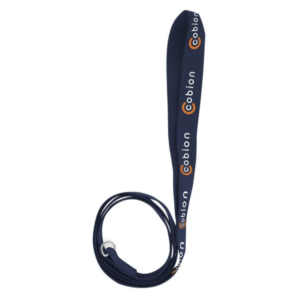 A blue dog leash, 19mm wide, featuring a logo along its length.
