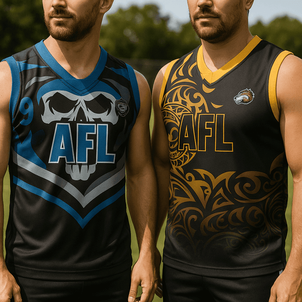 Two AFL jerseys displayed, one black with blue and grey designs, and the other black with gold tribal patterns. Both have logos.