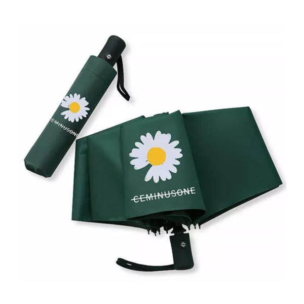 A full colour green umbrella with a daisy design and a matching cylindrical case. It features a logo on the case.