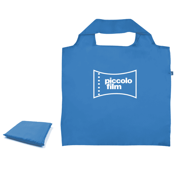 A blue recycled PET bag with a foldable design and a logo on the front.