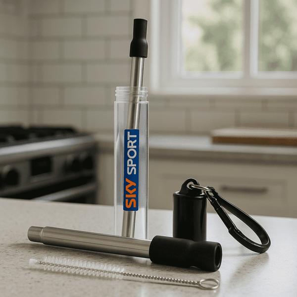A telescopic stainless steel straw in a clear case, featuring a black cap and cleaning brush, with a branding logo.