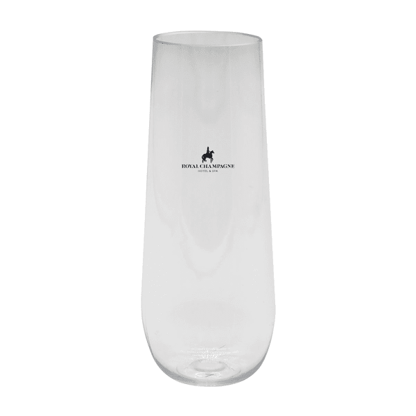 A clear, stemless shatterproof champagne glass featuring a logo, suitable for drinkware.