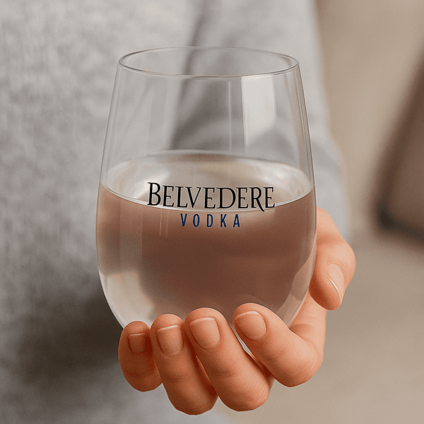 A stemless, shatterproof white wine glass in a hand, featuring a logo and containing a light beverage.