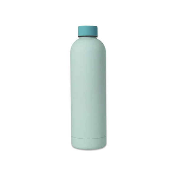 A drink bottle with a turquoise body and matching cap, featuring a logo on the side.