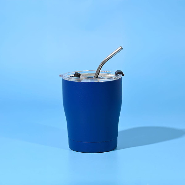 A drink bottle featuring a blue exterior, with a removable lid and metal straw, designed for travel use.