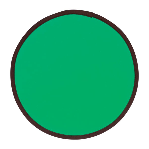 A green flying disc with a brown edge, folded flat for easy storage. Features a logo on the surface.