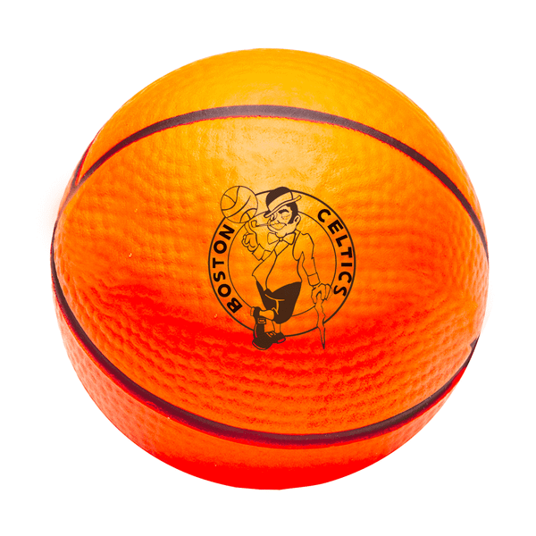 An orange and yellow basketball featuring a logo, designed as a stress ball for fun and games.