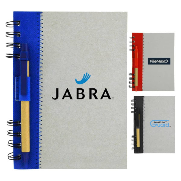 Recycled journal book with a grey cover and coloured spines, featuring a pen and a logo on the front.