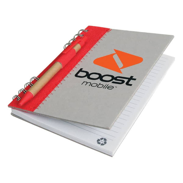 A recycled journal book with a grey cover, red accents, and a wooden pen attached, featuring a logo on the front.