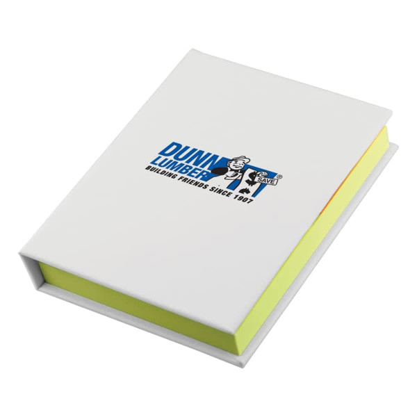 A white adhesive note book with a logo, featuring bright yellow sticky notes inside.