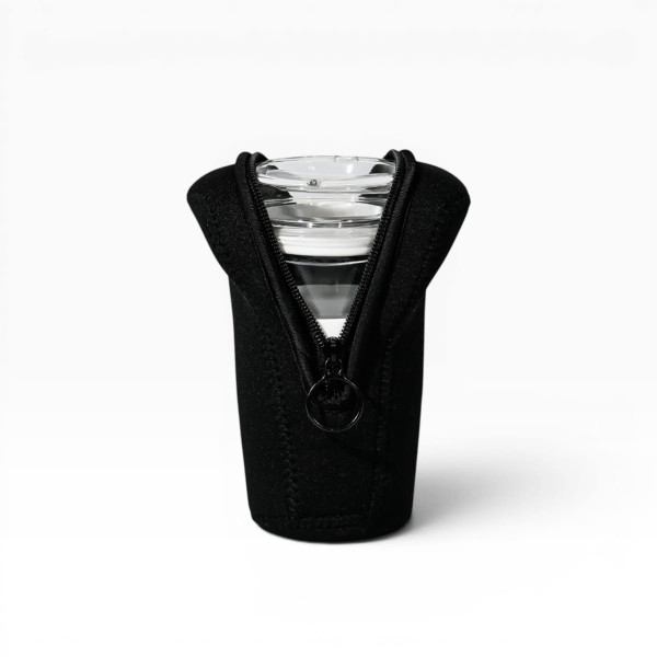 A black pouch with a zip, designed to hold a drink bottle securely. Features a logo on the front.