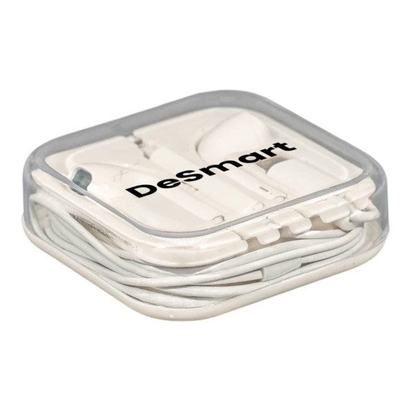 A white USB Type C earphone packaged in a clear case, featuring a logo on the front.