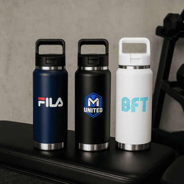 A drink bottle set featuring a navy blue, black, and white stainless steel design, each with a different logo.
