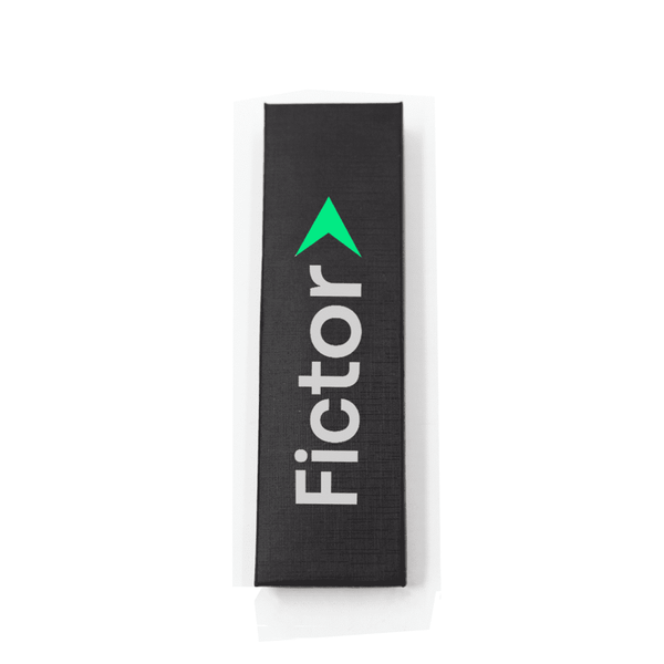 A black gift box designed for a pen, featuring a logo on the front.