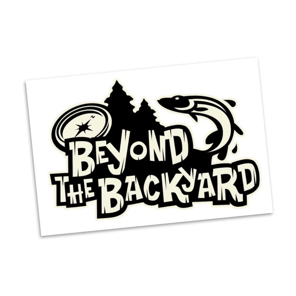A temporary glow-in-the-dark tattoo featuring a fishing theme with trees and a fish design in black and white.