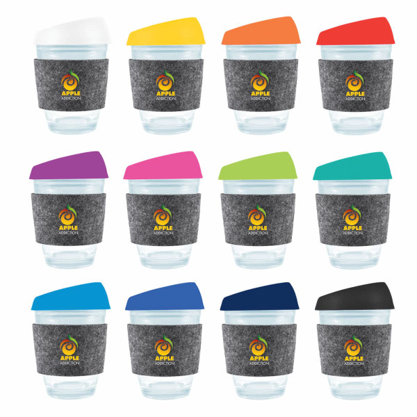 A collection of reusable coffee cups in various colors with silicone lids and RPET bands, featuring logos.