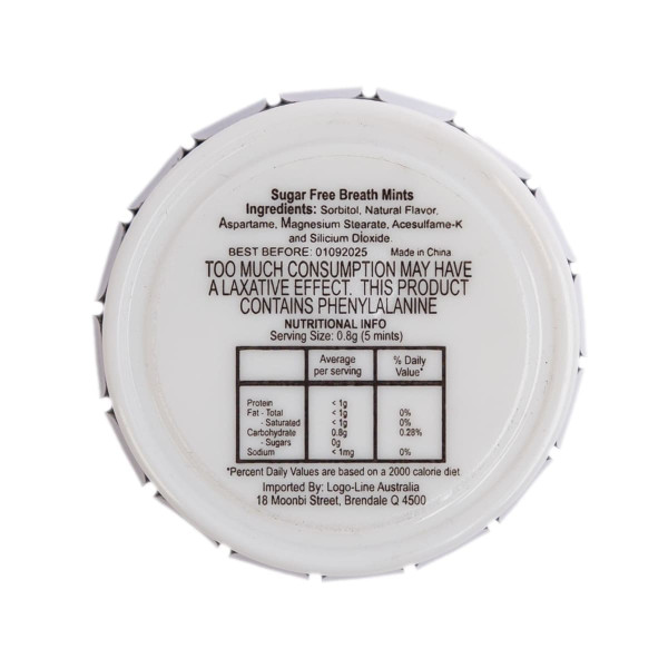 A mint tin with a white lid containing sugar-free breath mints. The bottom includes nutritional information and ingredients.