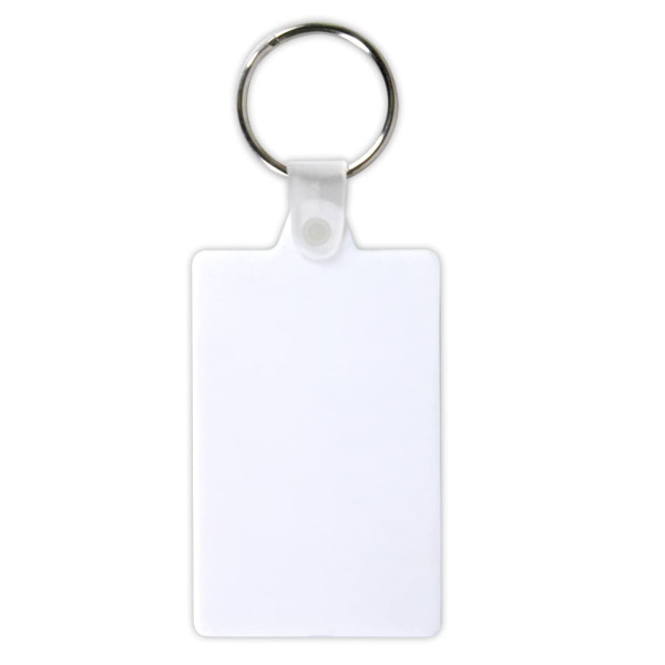 A keytag with a blank surface and a metal keyring attachment.
