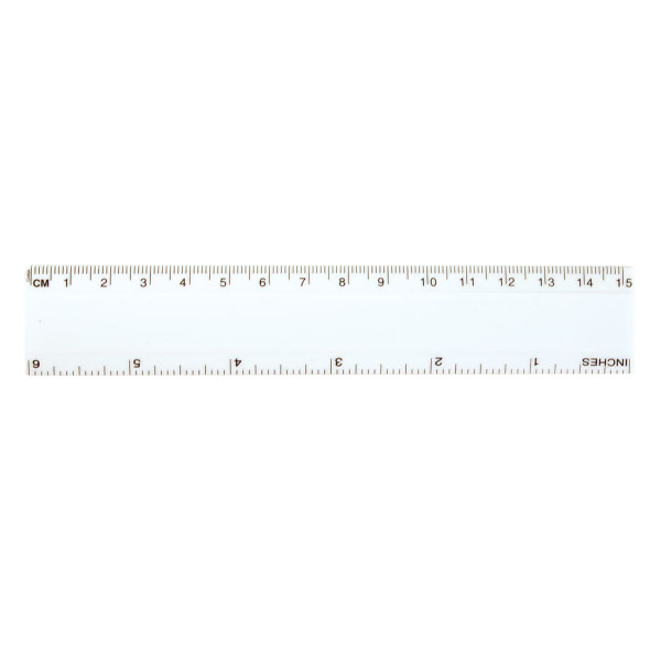 A white 15 cm ruler with both centimeter and inch markings.