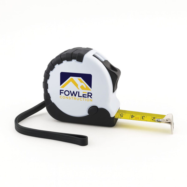 A retractable tape measure in black and white with a yellow measuring tape, featuring a logo.