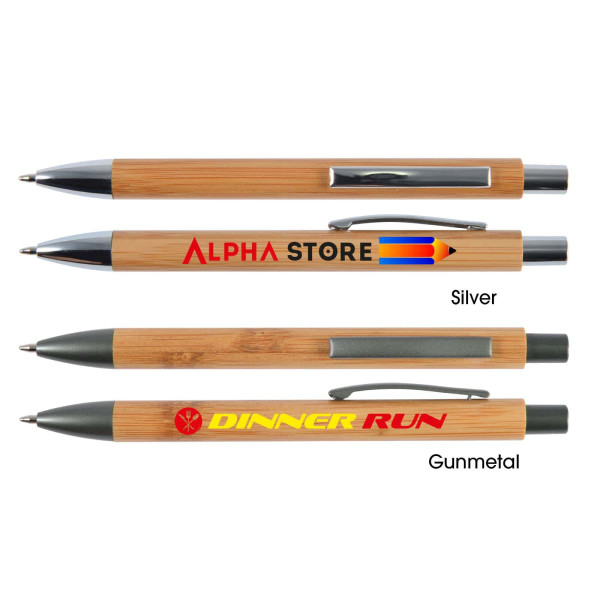 A collection of bamboo pens in silver and gunmetal colors, featuring various logos.