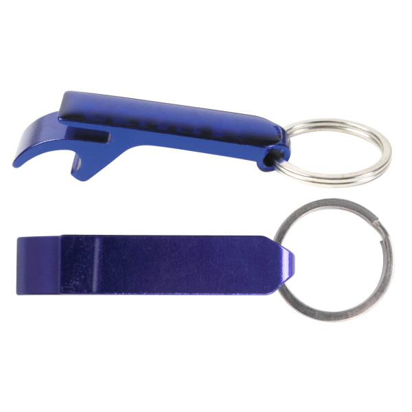 A drink bottle opener keytag in a shiny purple color, featuring a keyring attachment.