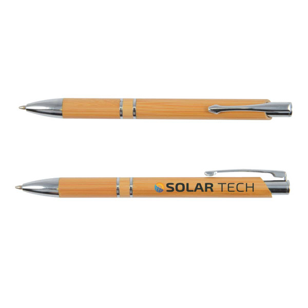 A bamboo pen with silver accents and a logo. The body is made of natural wood, showcasing a smooth finish.