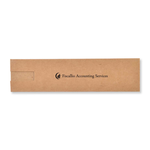 A cardboard box featuring a logo, designed for packaging a pen or similar item.
