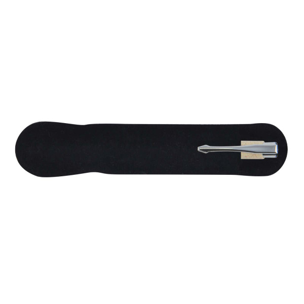 A sleek eco-friendly pen displayed on a black velvet base. The pen features a minimalist design with a metallic finish.