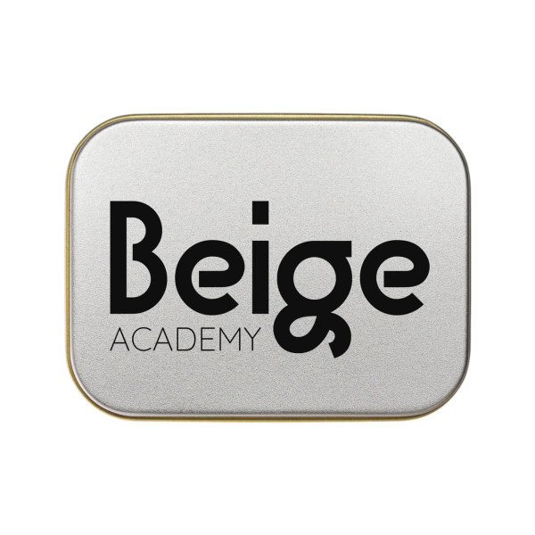 A silver rectangular tin containing assorted colorful mini jelly beans. The tin features a logo.