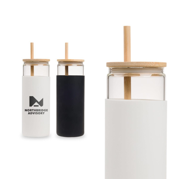 A glass tumbler with a bamboo lid and straw, featuring a white and black colour scheme and a logo.