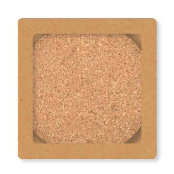 A round cork coaster in a square holder, showcasing a natural brown color and textured surface.
