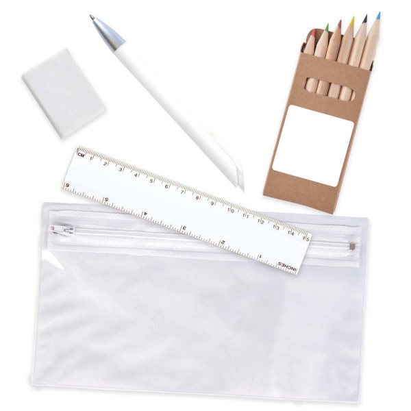 A pencil case containing colored pencils, a white pen, a ruler, and a small notepad.