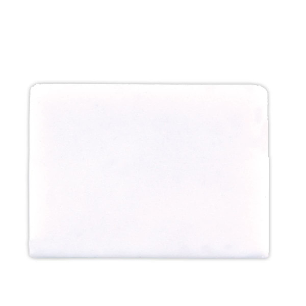 A white eraser designed for writing, with a rectangular shape and smooth surface.