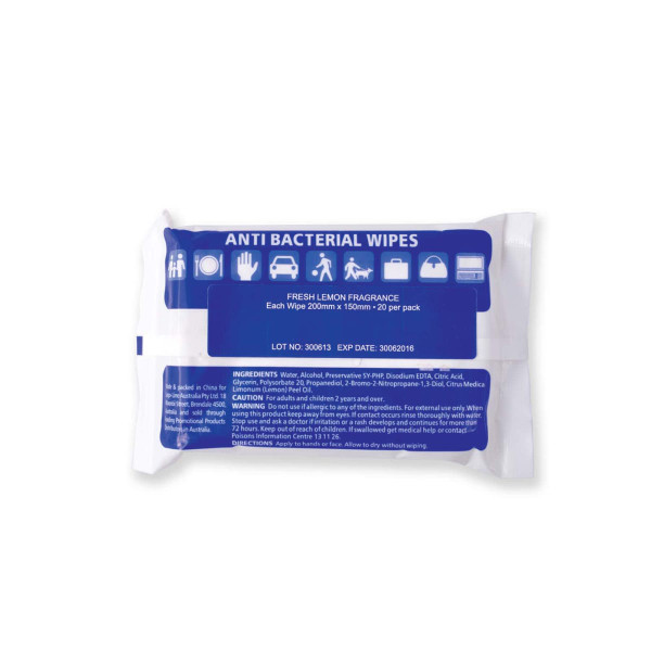 A pack of antibacterial wipes in a white and blue design, with a fresh lemon fragrance and 20 wipes inside.