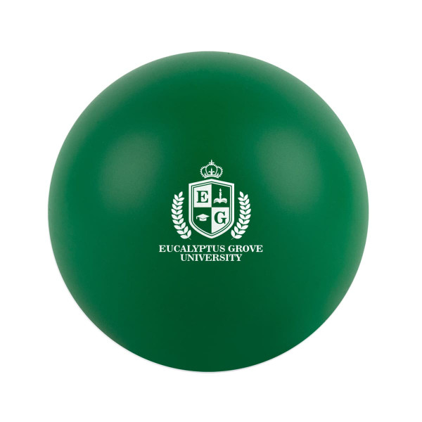 A green round stress ball featuring the logo of Eucalyptus Grove University.