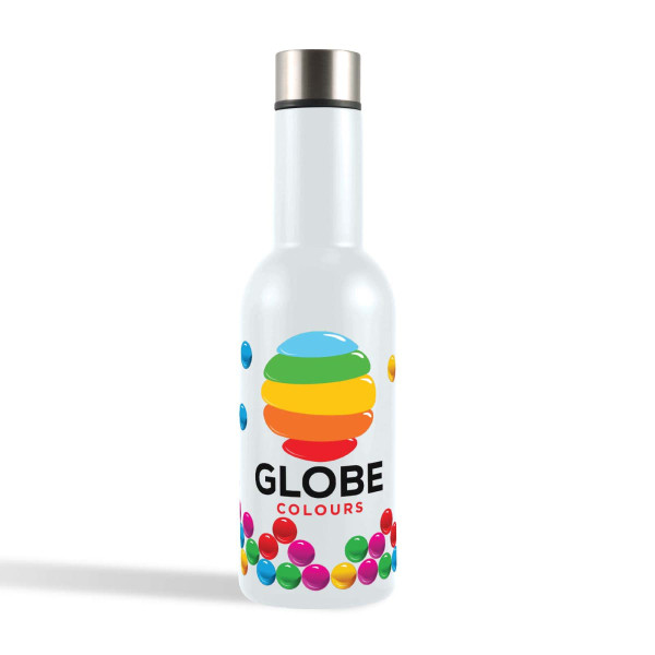 A drink bottle in white featuring a colorful logo and decorative elements at the base. The lid is metallic.