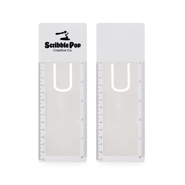 A translucent white bookmark magnifier ruler with a logo, featuring measurement markings on one side.