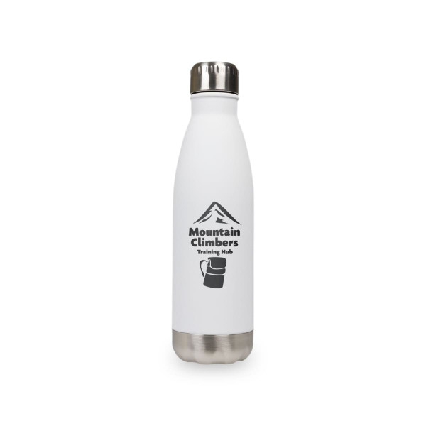 A drink bottle in white with a stainless steel base, featuring a logo and mountain graphic.